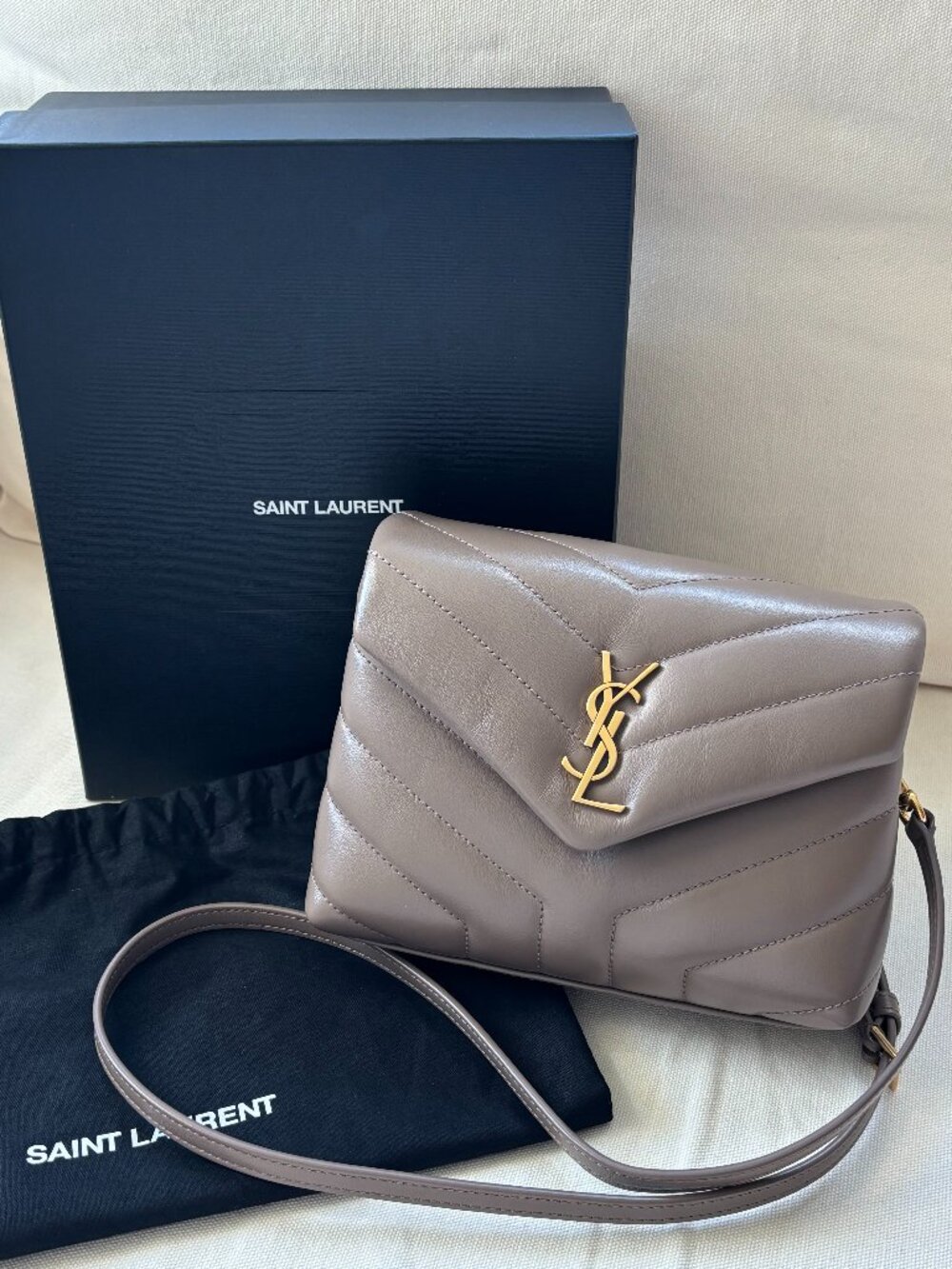 Saint Laurent YSL Mini Toy Loulou Quilted Monogram Crossbody Bag (Taupe)